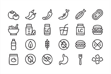 Diet and nutrition symbols with meals drinks and allergy labels