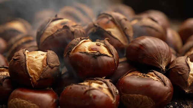 Macro close-up shot of steaming hot roasted chestnuts cracked open and cooking over a smoky fire, a traditional delicious street food snack for autumn and winter holidays.