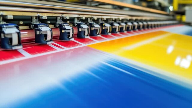 Large format printer head printing colorful, blended hues on large roll of material in a close-up perspective