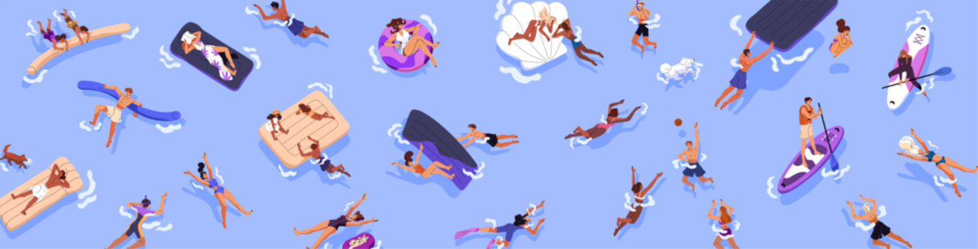 People are in swimming pool or sea top view banner. Tourists are floating on inflatable circle, sunbathing on mattresses, playing with ball in water on summer holidays. Flat vector illustration
