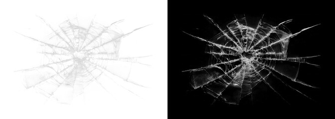 Obraz premium Cracked glass shattered window pane on white and black backgrounds