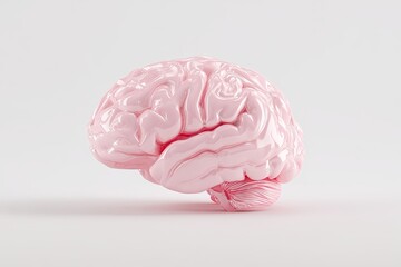 A side view of a glossy, pink brain against a stark white background