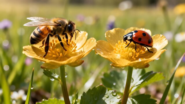 Primavera, risveglio della natura: ape e coccinella su di un fiore di ranuncolo