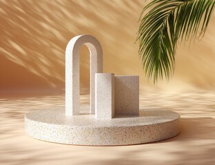 Architectural pedestal with terrazzo texture and a palm leaf shadow on a sandy backdrop