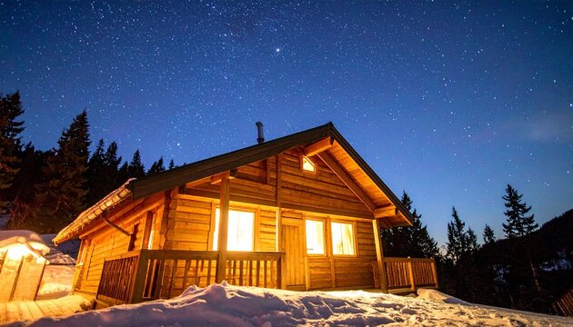 An old wooden cabin nestled in a snowy mountain landscape under a cold winter sky with frost-covered trees and glowing windows