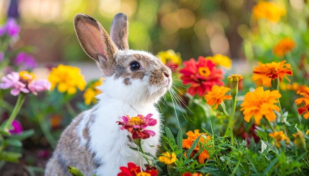 A cute fluffy brown Easter bunny with long ears sits in the green grass field with colorful Easter eggs in nature