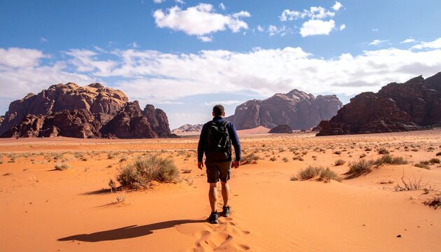 A lone person adventures across the dry Sahara dunes under a vast sky, a man and his camel hiking through the desert sand on a summer travel journey across the nature landscape