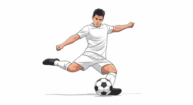 Illustration of a soccer player kicking a ball in a white uniform on a plain white background with a dynamic pose.