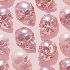 Repeated metallic skulls, pink-toned, arranged against a pastel pink backdrop, well-lit