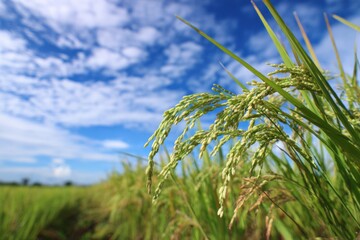 Naklejka premium Rice Sprouts Grow Under a Blue Sky in a Lush Paddy Field