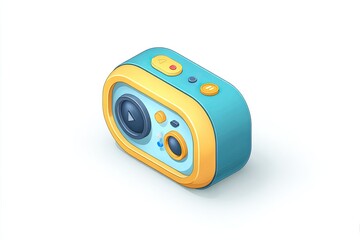 Isometric view of a small, rectangular action camera with yellow and blue accents