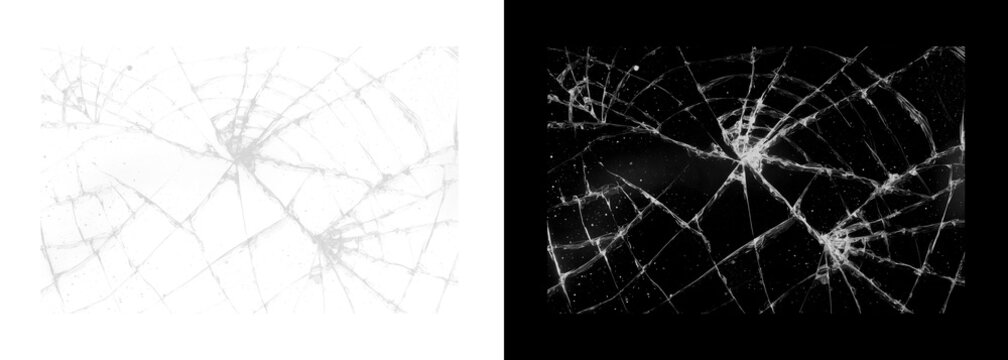 Cracked glass textures on white and black backgrounds
