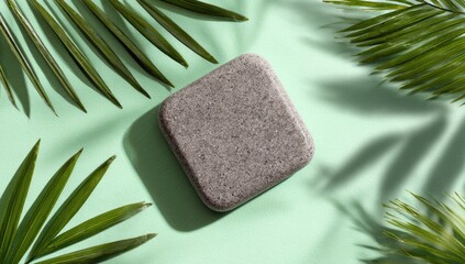 Top-down shot of a grey stone centered with palm fronds casting shadows on mint green