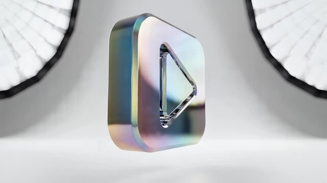 Shiny metallic play button with a triangle icon on a gray background.