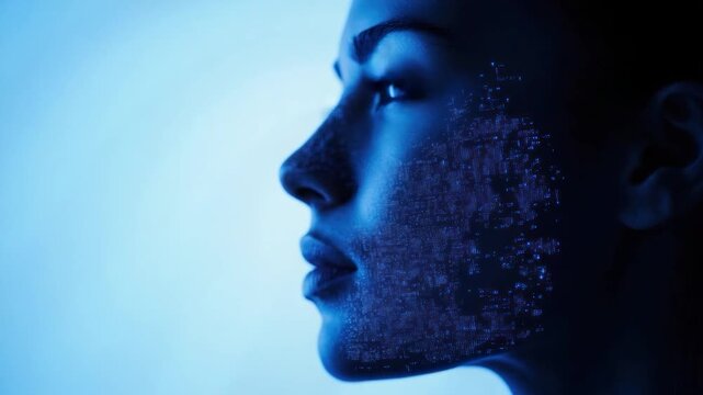 Profile of a woman's face, partially integrated with digital circuitry, glowing blue