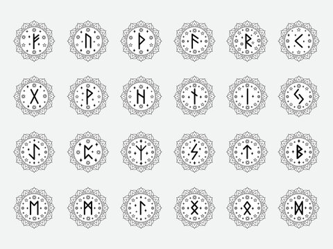 Set of Elder Futhark runes inside mandala star. Black line art vector for spiritual, occult  or Viking themed designs.
