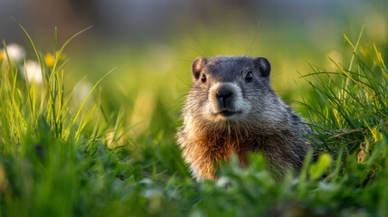 Fototapeta premium A cute groundhog on a festive spring day. Groundhog Day. A groundhog with fluffy fur. Landscape view.