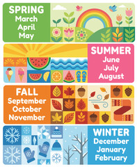 Fototapeta premium Four seasons horizontal banner set. Featuring Spring Summer Fall and Winter with monthly names and seasonal flat vector icons for kids education. Illustration.