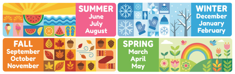 Fototapeta premium Four seasons horizontal banner set. Featuring Spring Summer Fall and Winter with monthly names and seasonal flat vector icons for kids education. Illustration.