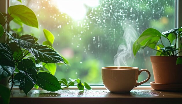 A fresh mug of hot green mint tea and a cup of black coffee sit on a white table in a morning garden filled with flowers and green leaves for a healthy breakfast beverage