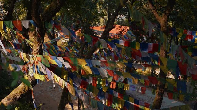 Colorful prayer flags hanging between jungle trees near Changu Narayan Temple, Nepal, spiritual ambiance