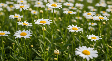 A field of white daisies with yellow centers on a sunny day