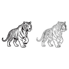 Obraz premium A powerful vector illustration of a Royal Bengal Tiger in two distinct artistic styles a bold black silhouette and a detailed line art outline. 