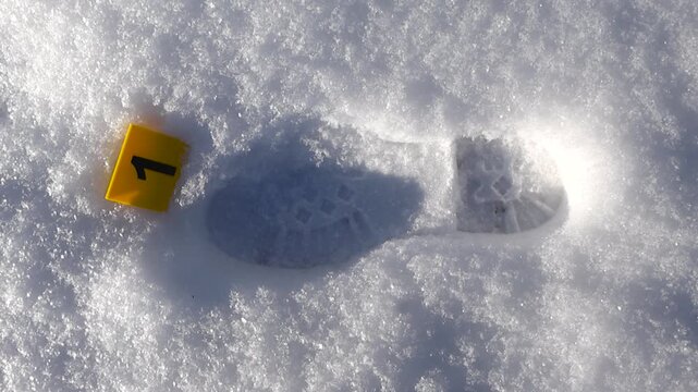 Top view of numbered evidence marker next to clear boot print in bright winter light