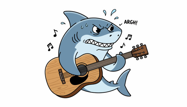 Angry Shark Playing Guitar with Musical Notes and Argh Text.