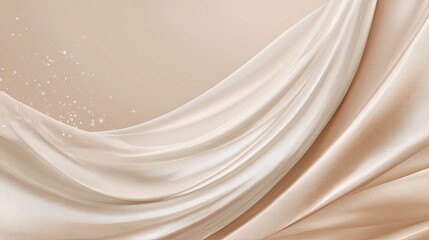 Flowing, creamy-white fabric cascades against a soft beige backdrop with scattered sparkles