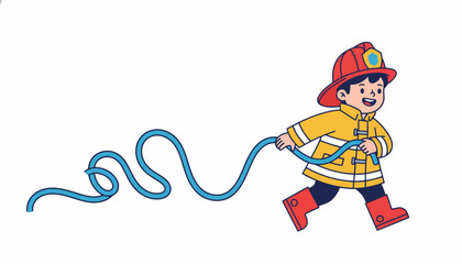 Naklejka premium Young Boy Dressed as Firefighter with Hose.
