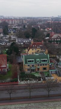 Vertical Drone Shot of Malmo Sweden, Ribersborg Upscale Residential Neighborhood