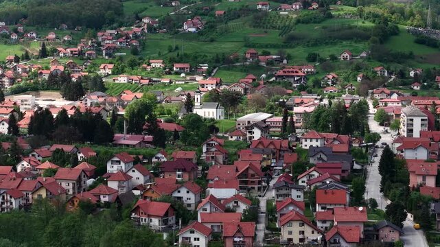 Drone Shot of Sevojno, Serbia. Small Industrial Town in Uzice Region