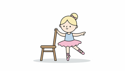 Fototapeta premium Cute Cartoon Ballerina Practicing Ballet with a Chair Adorable Dancer Illustration.