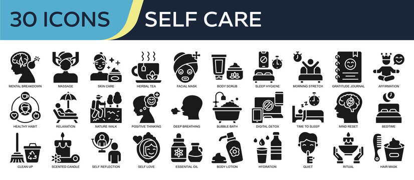 Collection of Self Care icons, related to Massage, Skin care, Facial Mask, Healthy Habit, Positive Thinking and more. Glyph icons vector illustation.