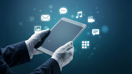 Hand Holding Tablet with Floating Social Media and App Icons on Blue Background