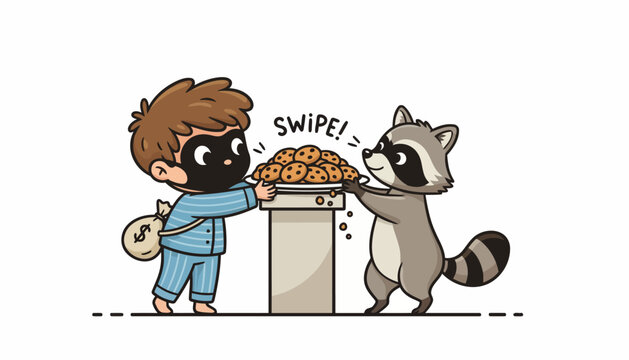 Cartoon boy and raccoon stealing cookies from a jar, funny illustration.