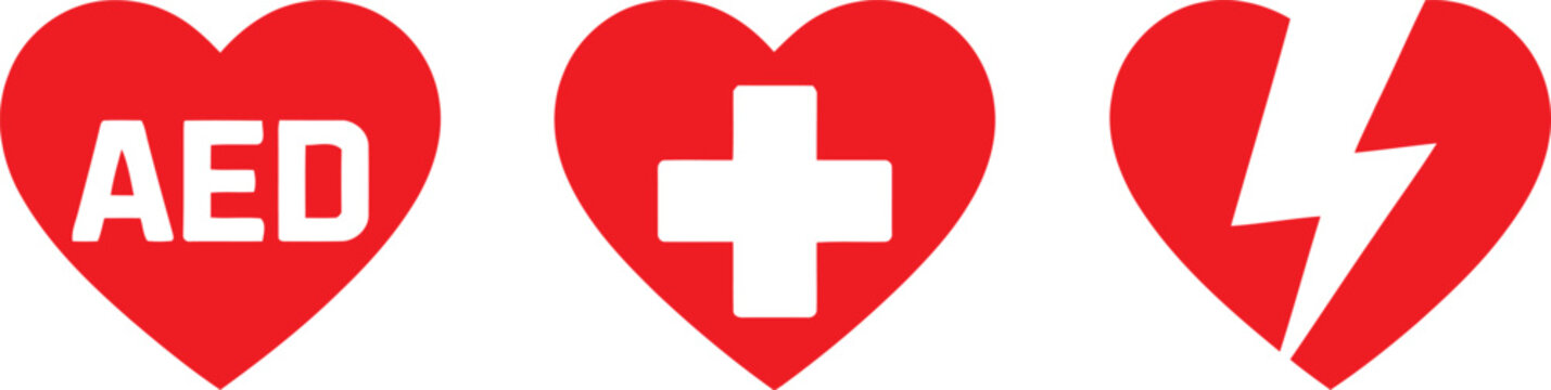Medical icons symbolizing emergency health devices and conditions in red hearts
