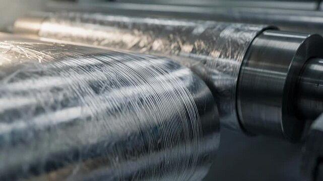 Dynamic footage of microtexture embossing on reflective foil rolls emphasizing subtle detail work created by industrial rollers for premium packaging finishes.