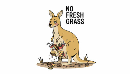 Obraz premium Humorous Kangaroo with Fast Food in Pouch and No Fresh Grass Text.