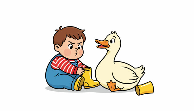 Little boy looking angrily at a white duck wearing yellow boots.