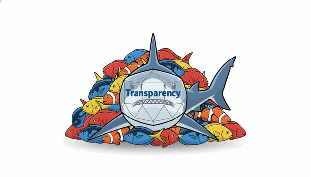 Transparency Shark Devouring Small Fish Illustrates Business Ethics Concept.