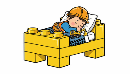 Naklejka premium Little Construction Worker Sleeping Peacefully in a Lego Bed.