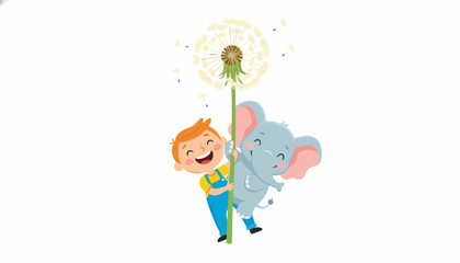 Obraz premium Happy Boy and Cute Elephant Holding a Giant Dandelion Flower Together.