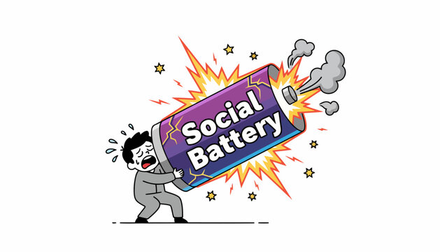 Man struggling with exploding social battery concept illustration.