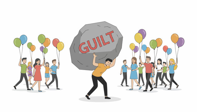 Man Carrying Heavy Guilt Stone While Others Celebrate.