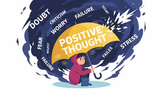 Person holding umbrella with positive thought text protecting from negative emotions.