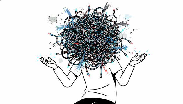 Tangled thoughts and complex mind, illustrating mental confusion and stress.