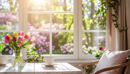 明るい陽光に包まれた清潔感のある室内インテリアと、窓外に広がる新緑の庭園風景