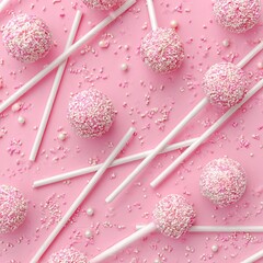 Sweet overhead of frosted pink cake pops on white sticks, scattered on a pink background